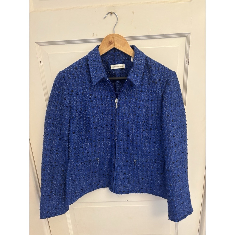 Coldwater Creek Women's Blue Tweed Full Zip Jacket Pockets Size 8‎ Petite